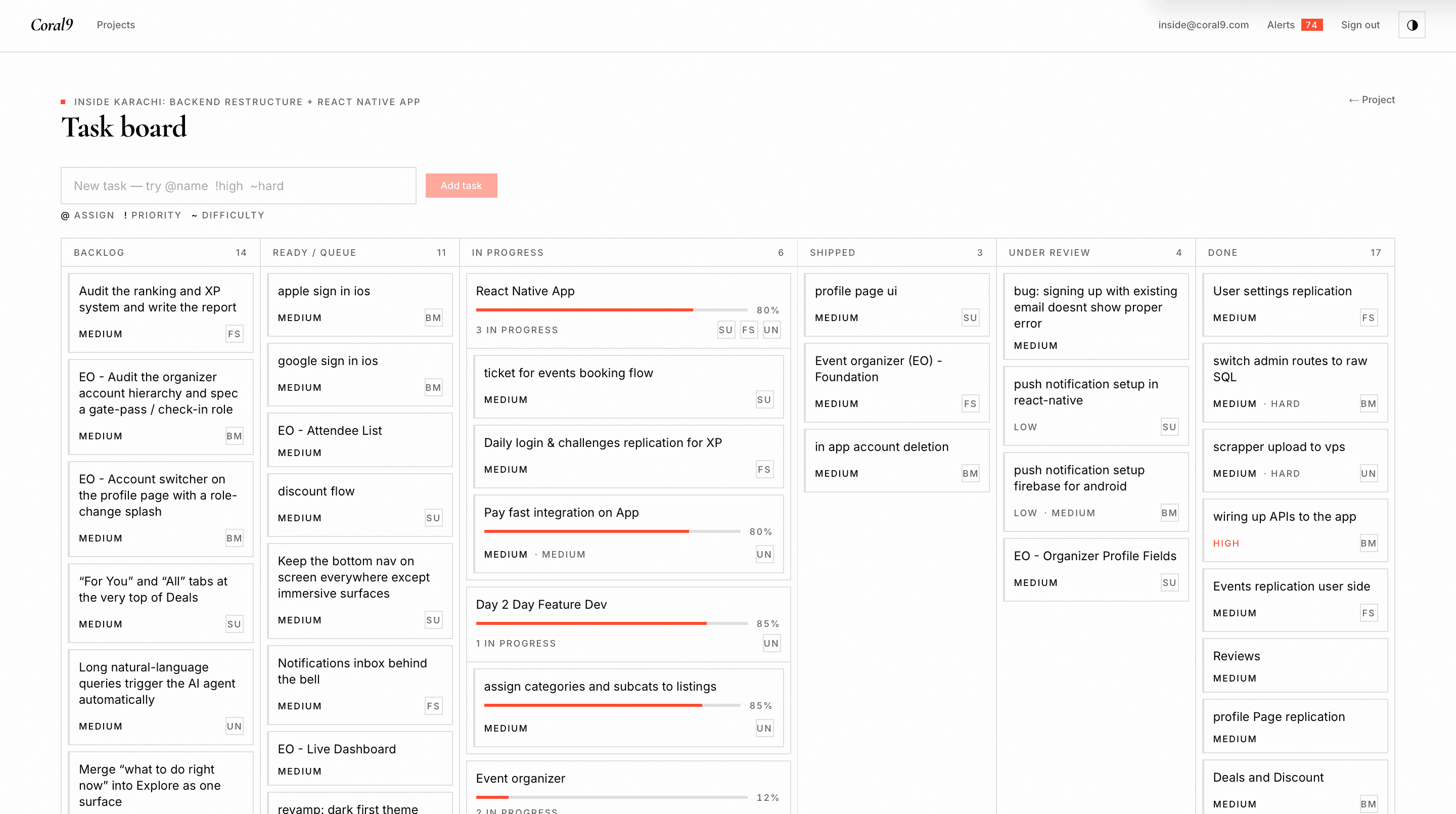 A Reef task board: columns from Backlog to Done, every task showing its status, progress and who is holding it