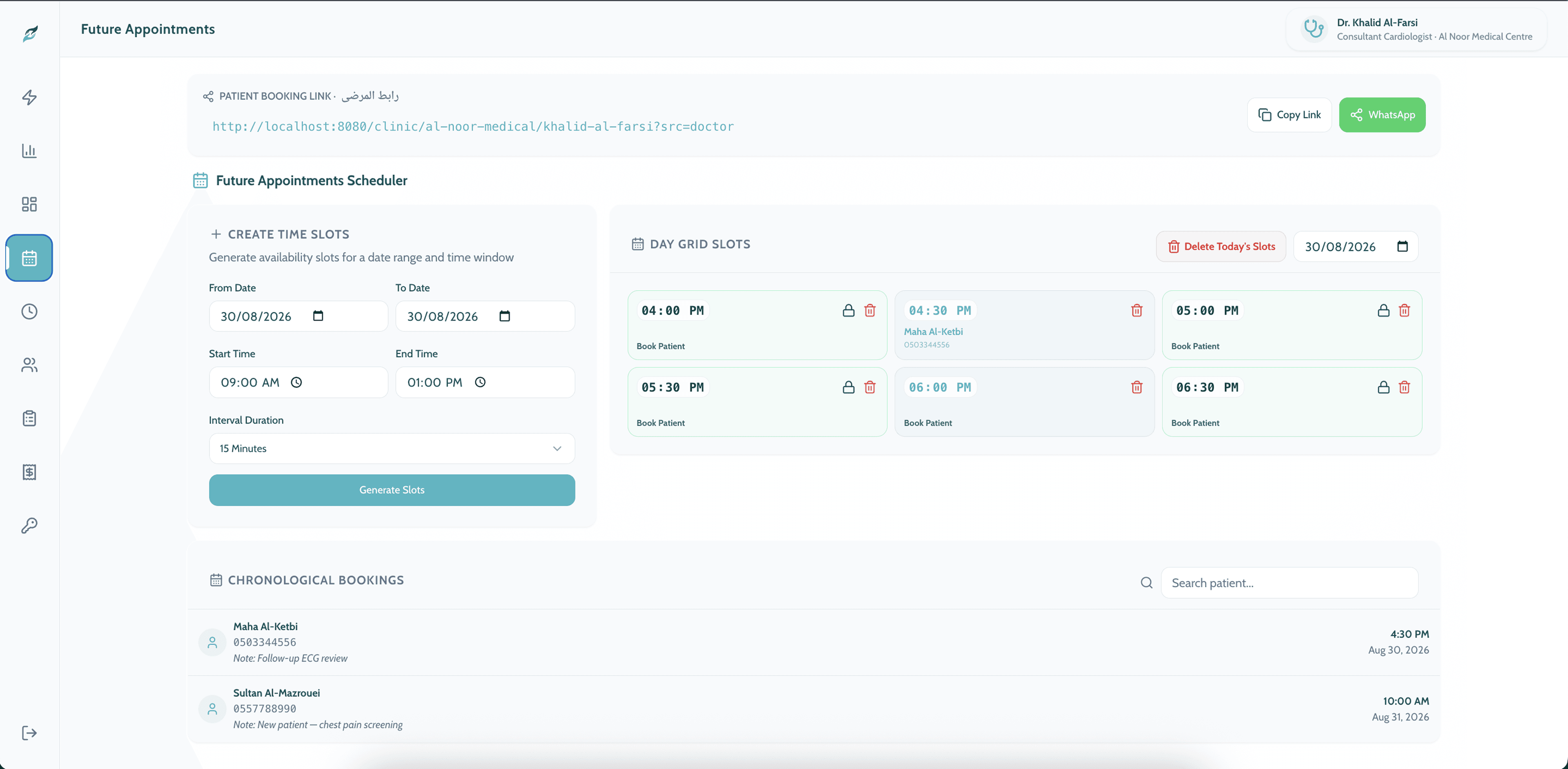 Future appointments scheduler with slot generation controls, a day grid and a chronological booking list