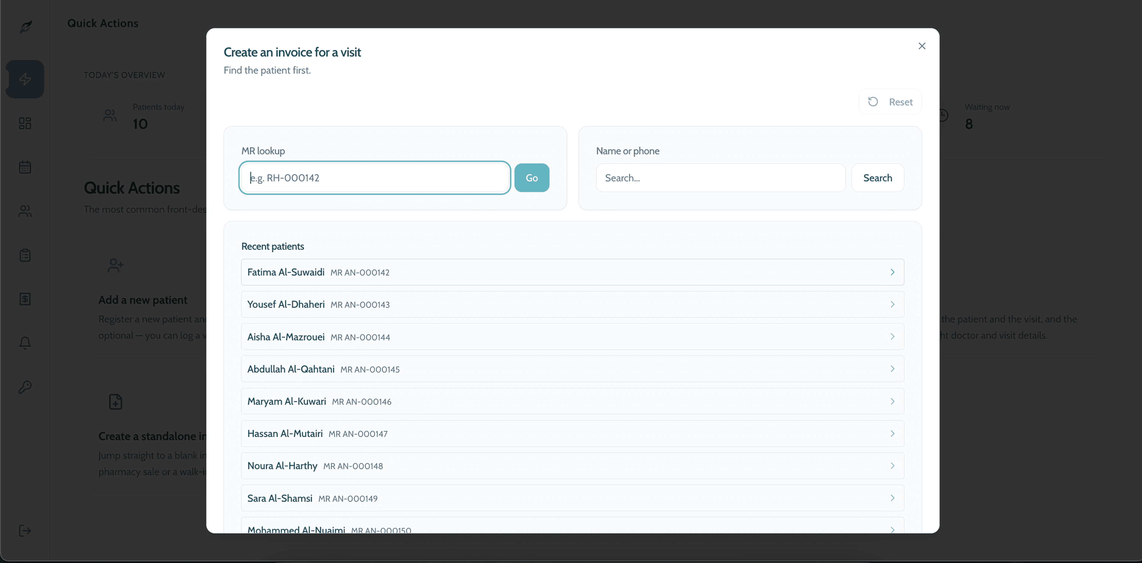 Create an invoice for a visit, with MR lookup, name and phone search, and a recent patients list