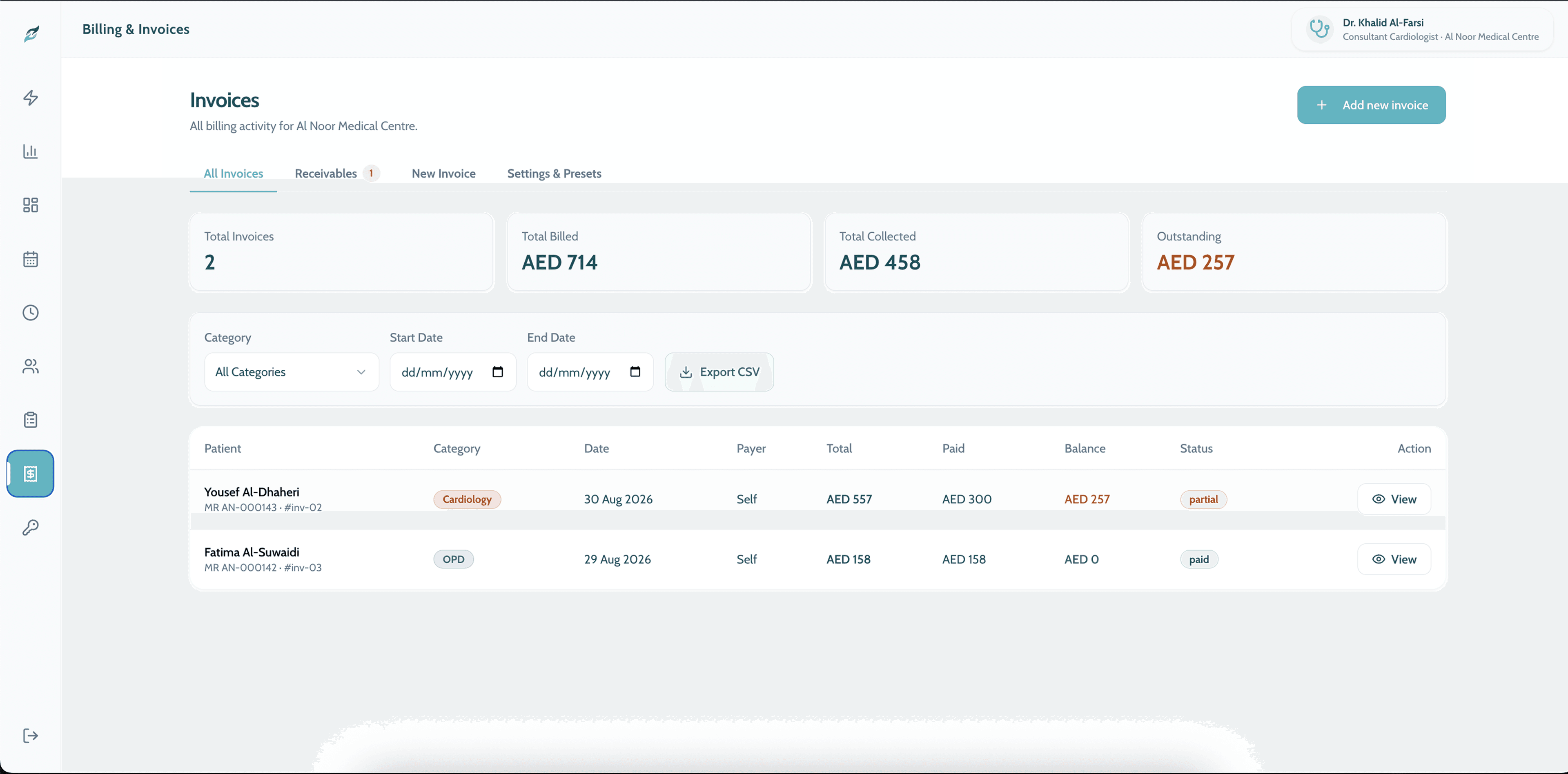 Invoice list with totals billed, collected and outstanding, and per-invoice status