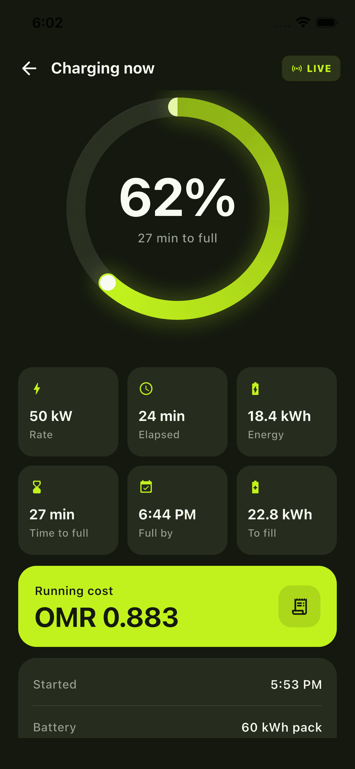Ampere driver app live charging screen showing battery percentage and running cost