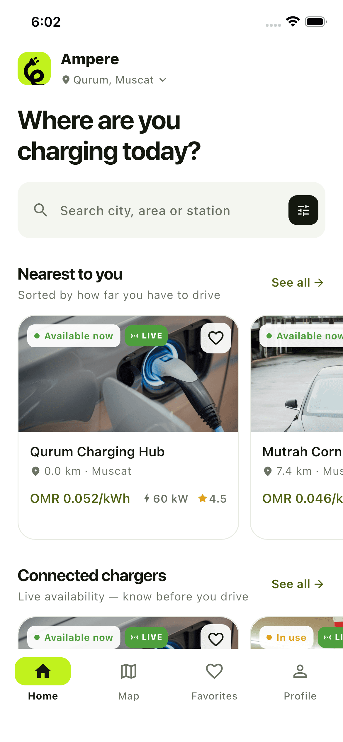 Ampere driver app home screen with nearest chargers and connected chargers