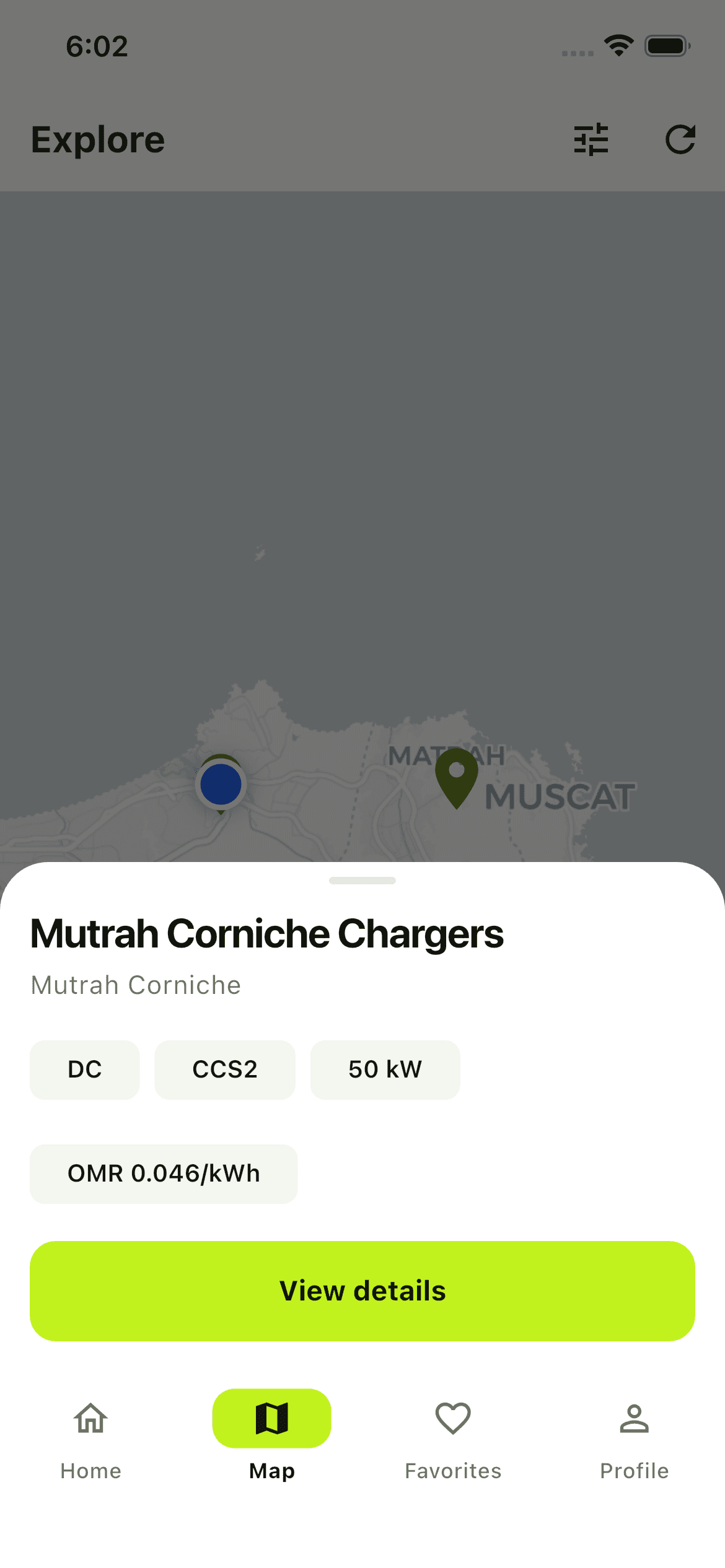 Ampere driver app map view with a charger detail sheet
