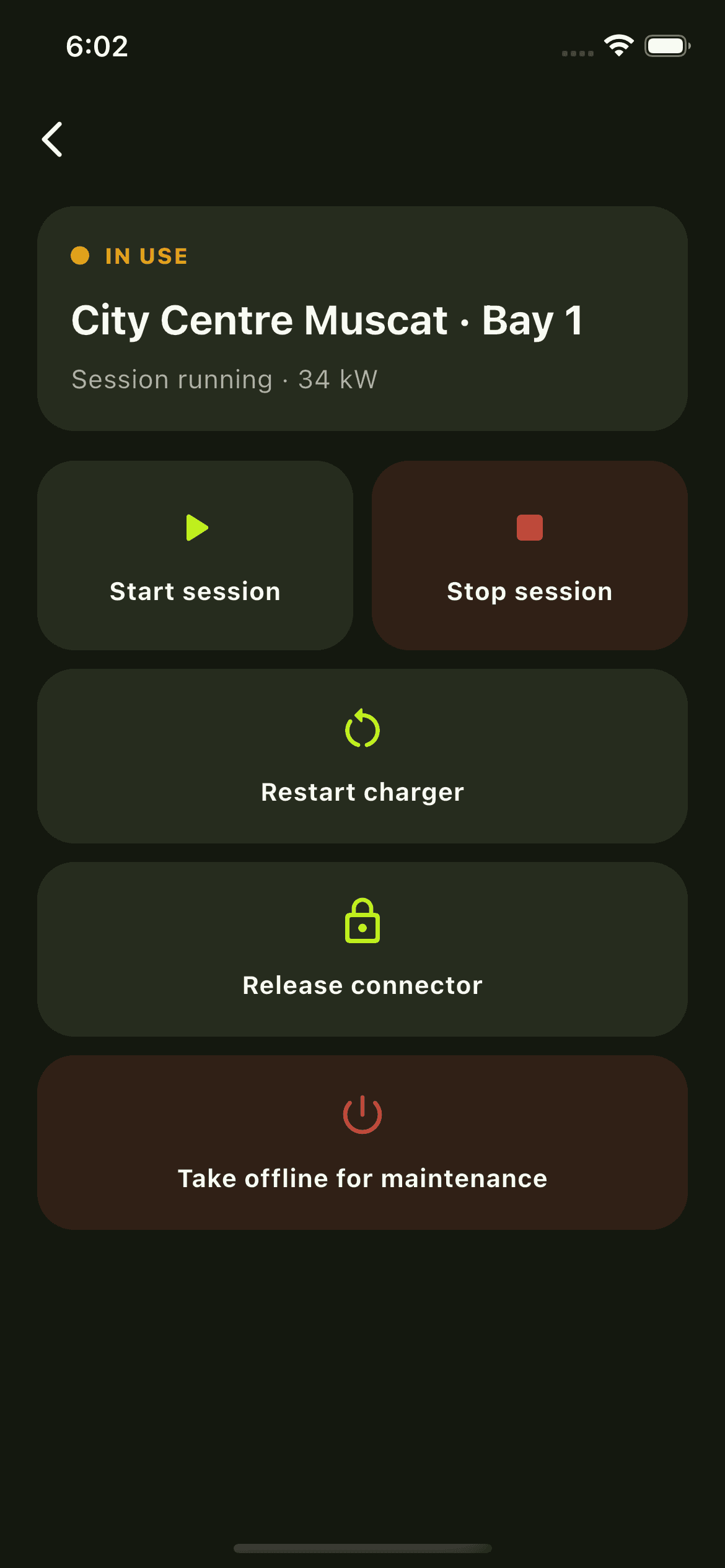 Mobile remote control screen for a charging bay: start, stop, restart, release connector and take offline for maintenance