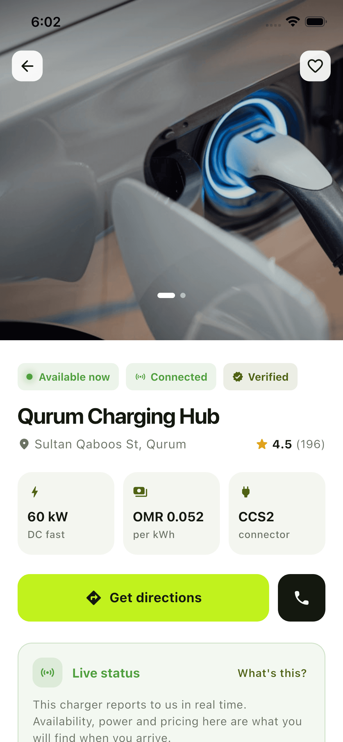 Ampere driver app terminal detail page showing live status, verified badge, price and directions