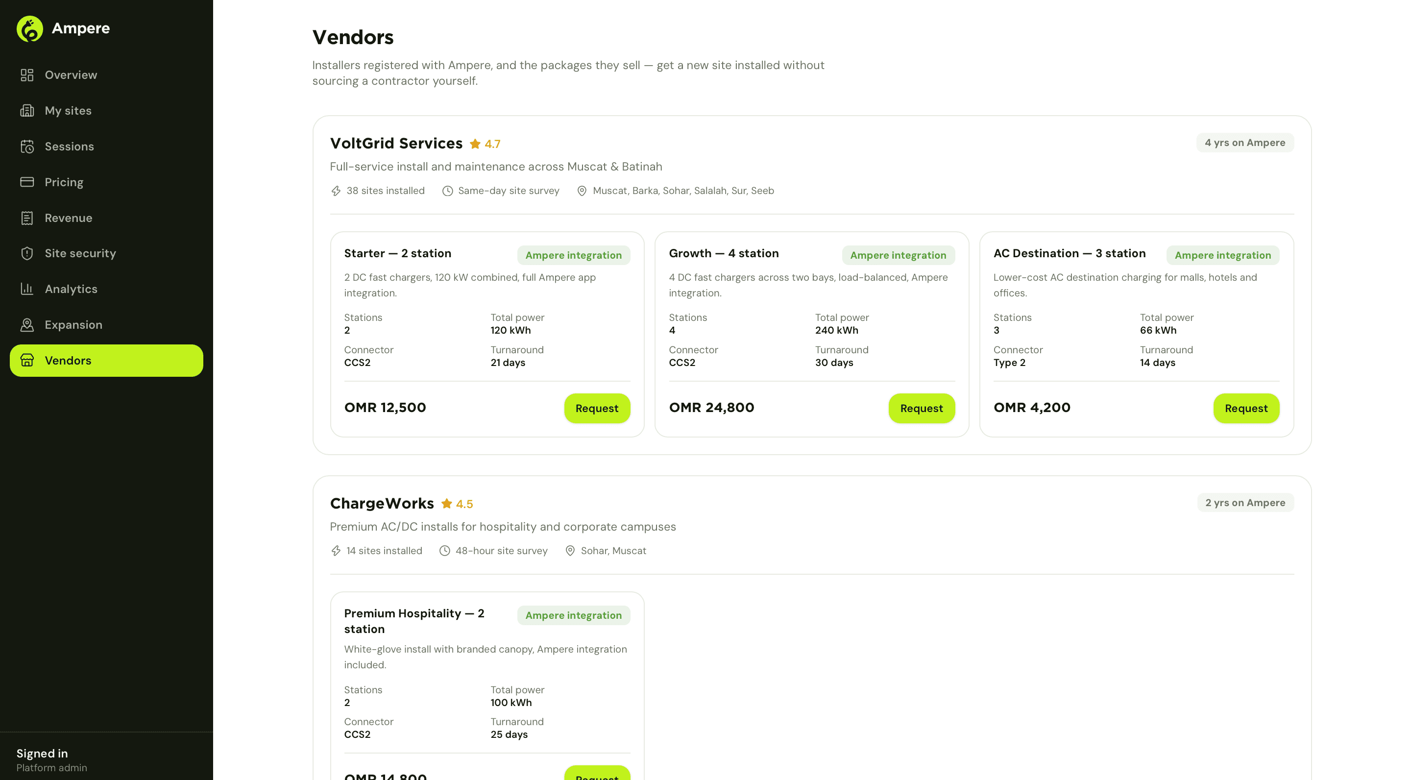Ampere owner dashboard listing registered vendors and their install packages