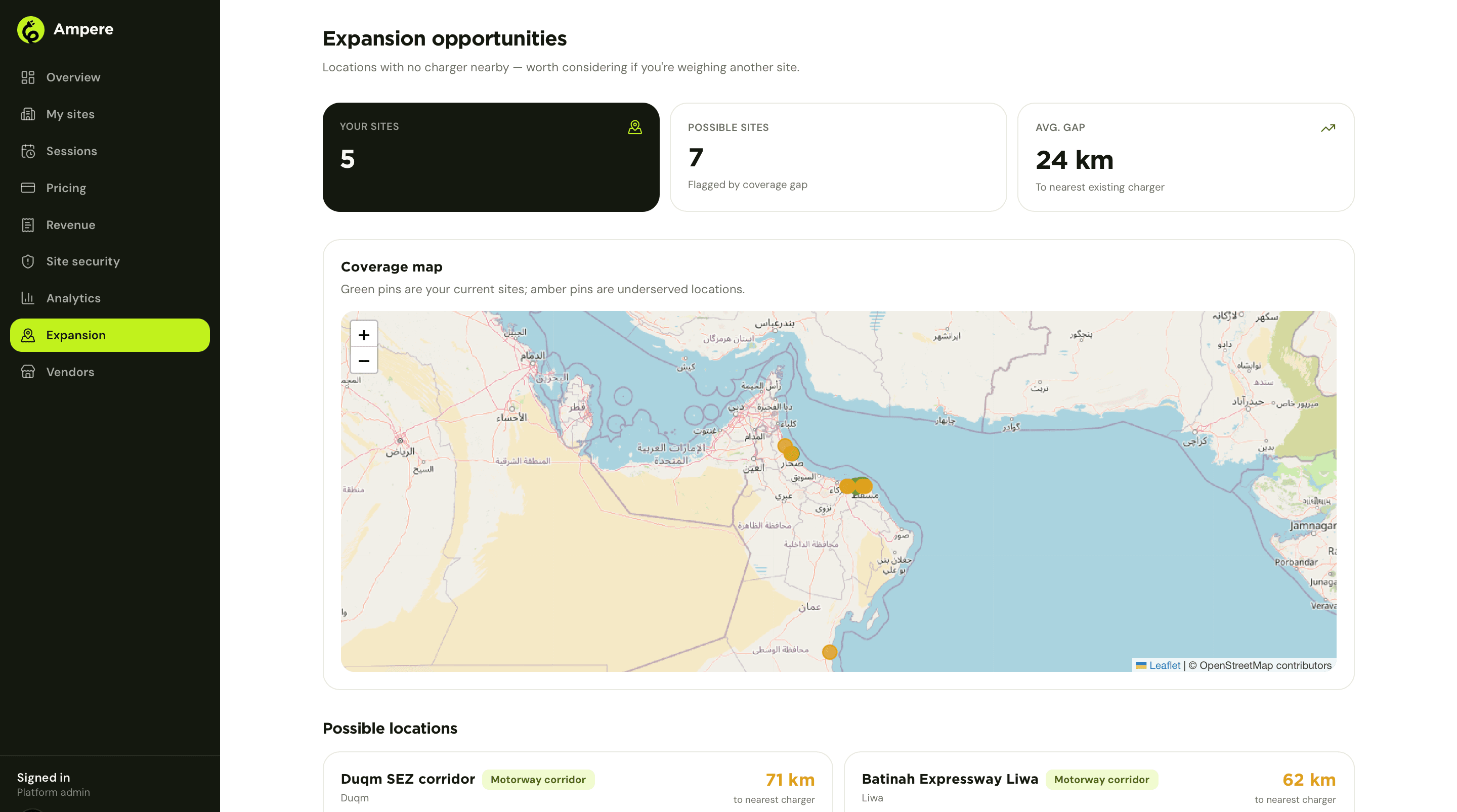 Ampere expansion opportunities map showing coverage gaps and possible new charger locations