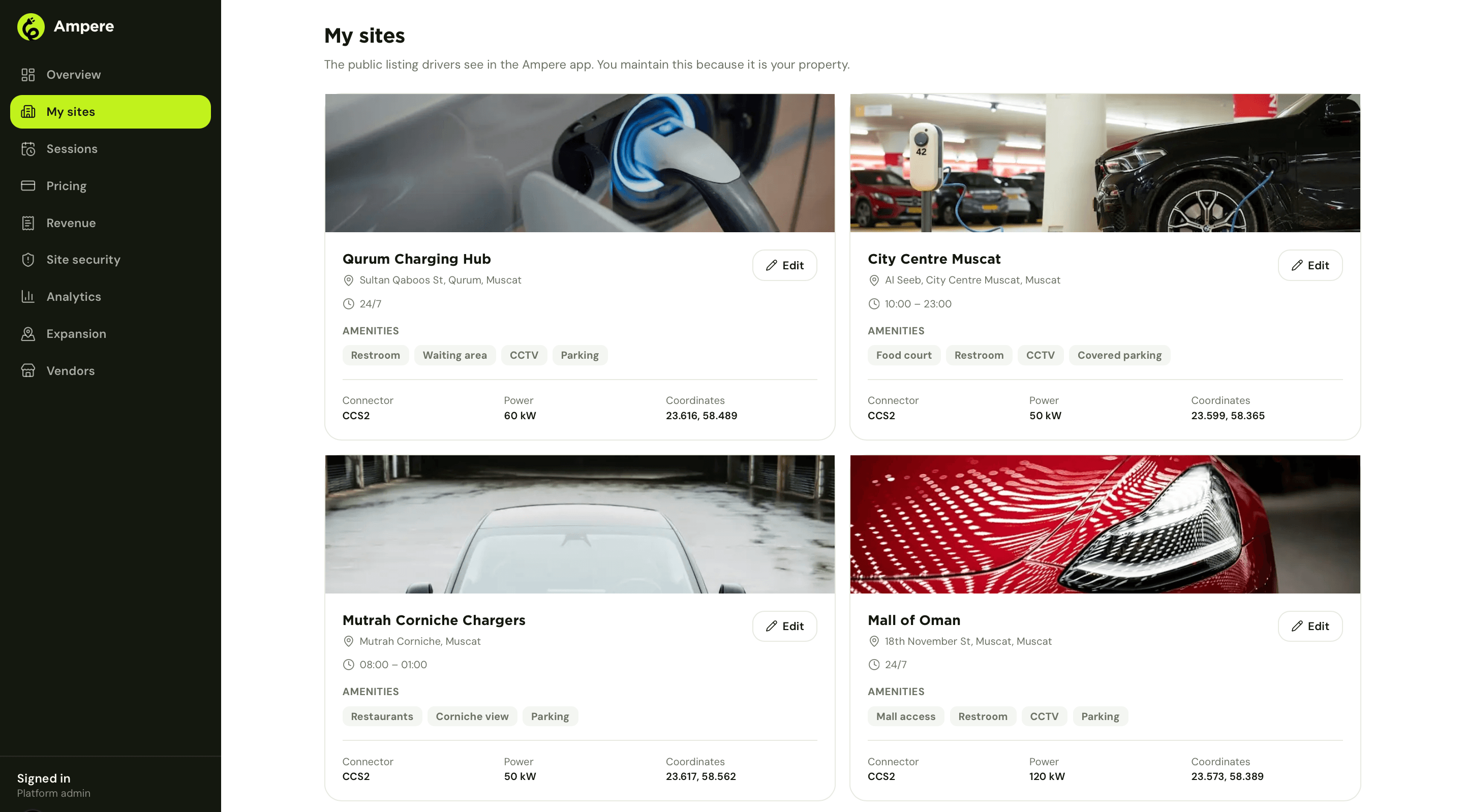 Ampere owner dashboard showing site cards with photos, hours and amenities