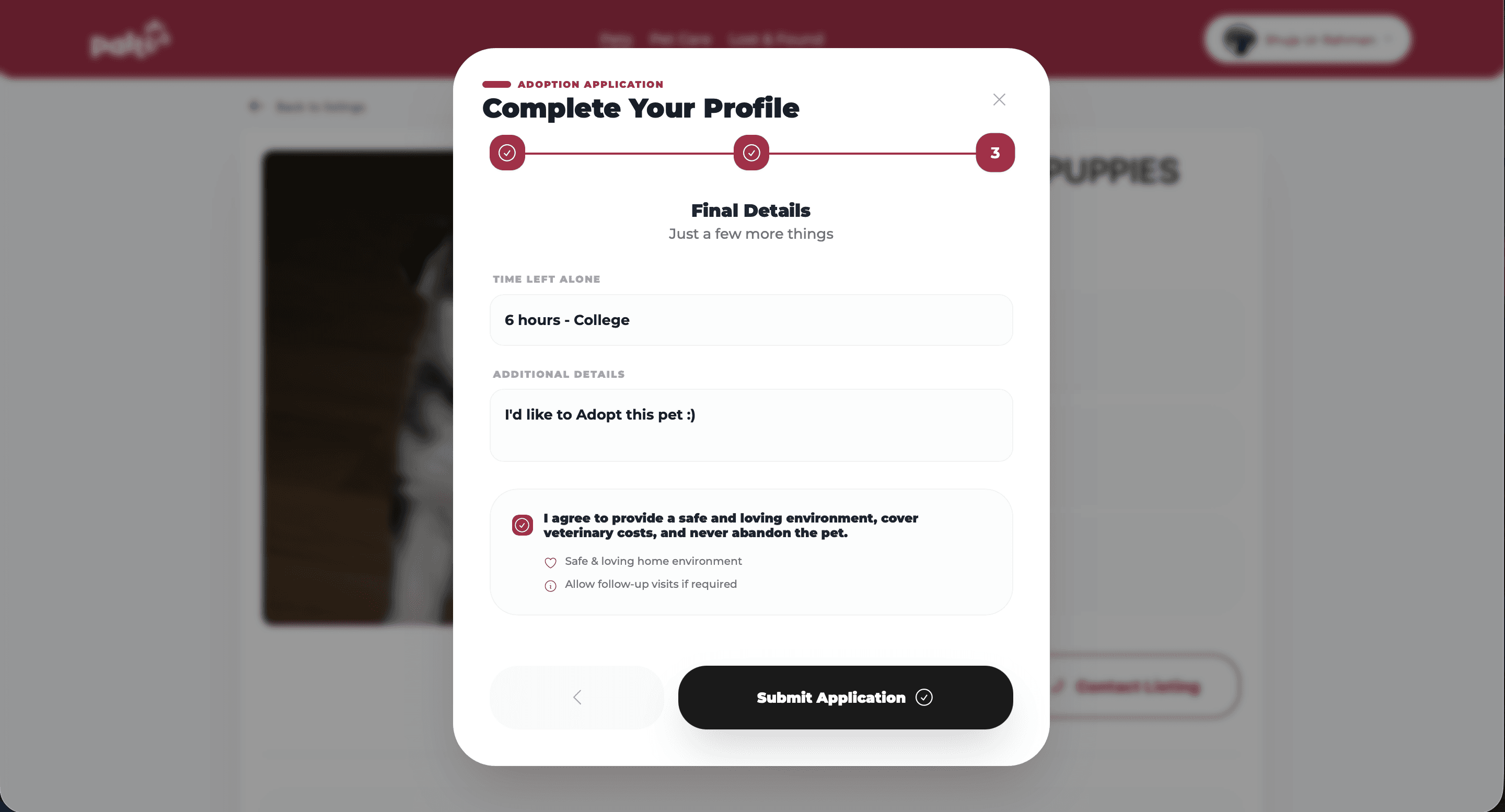 Final step of the adoption application, with the care commitment checkbox
