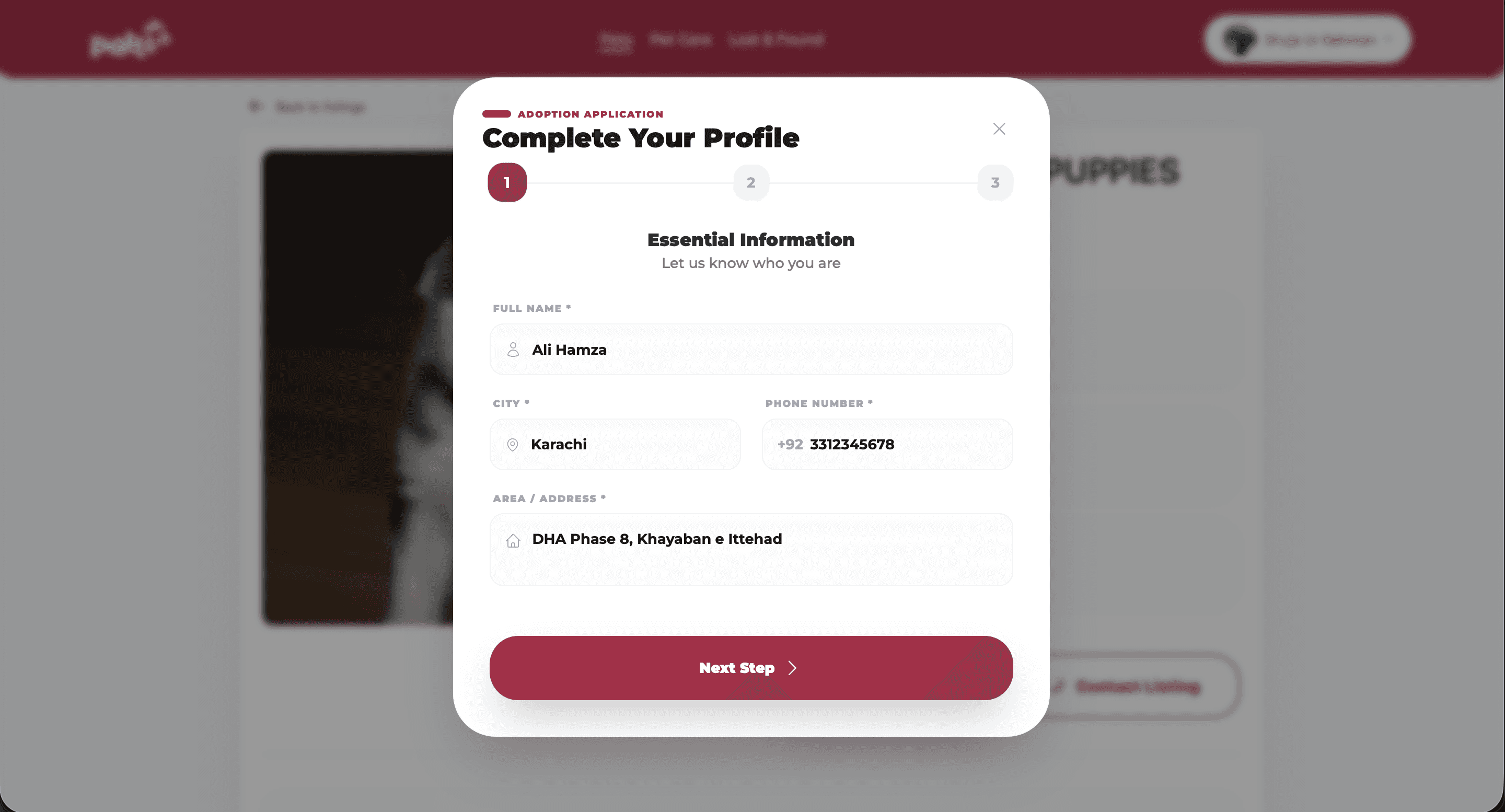 Step one of the Paltuu adoption application — name, city and address