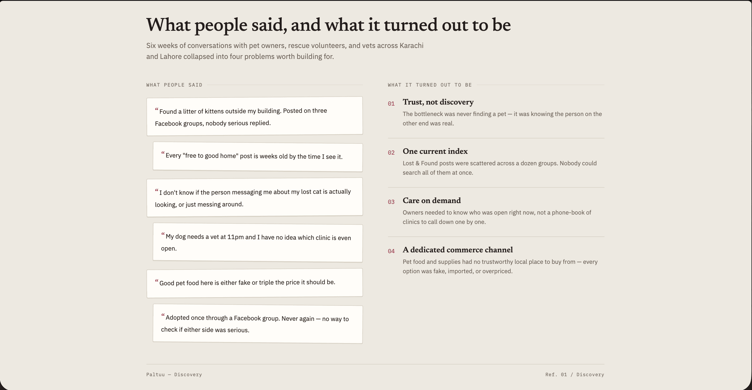 The discovery document — verbatim quotes on the left, the four problems they collapsed into on the right