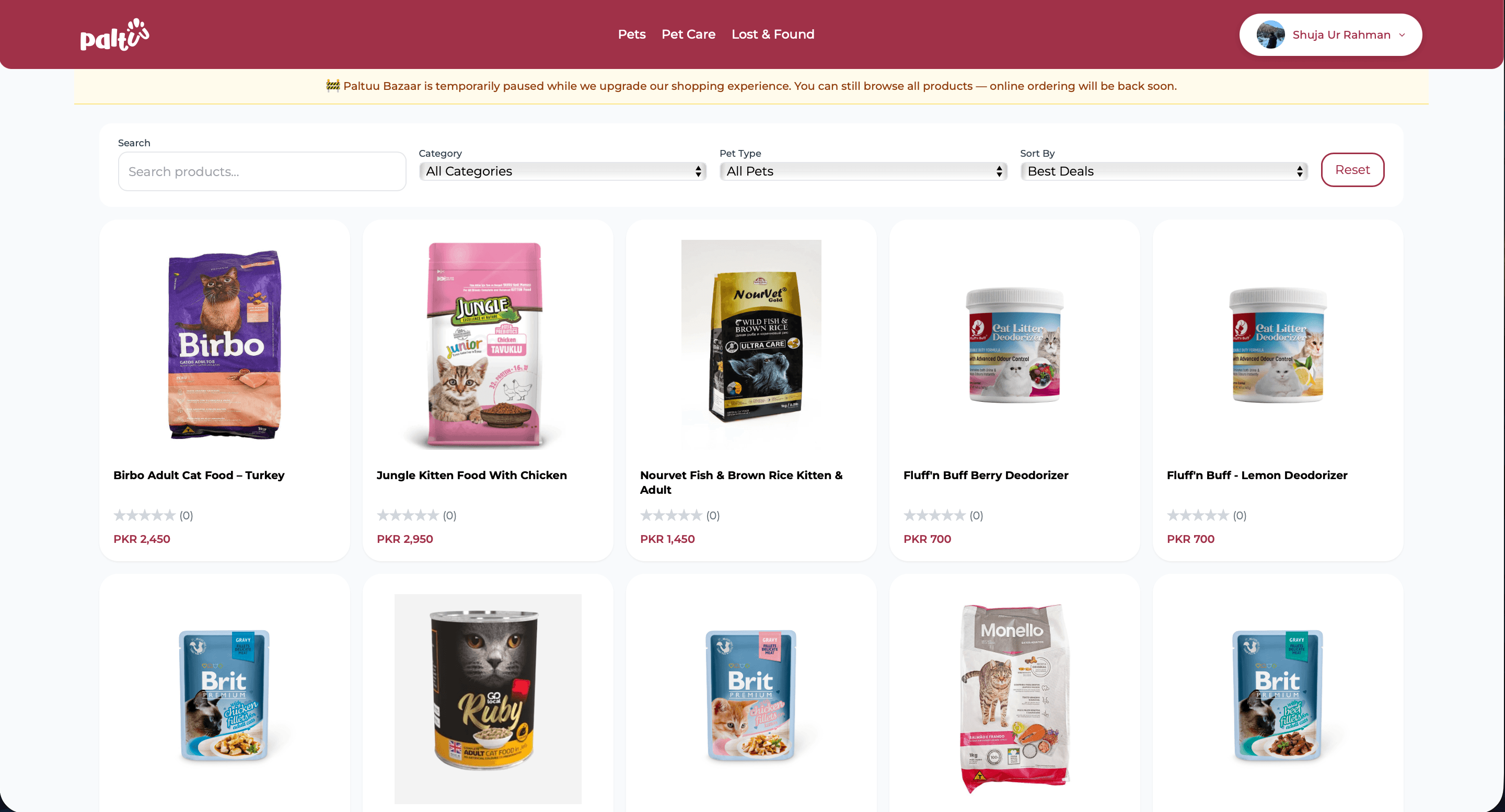 Paltuu Bazaar product catalogue with category, pet type and sort filters