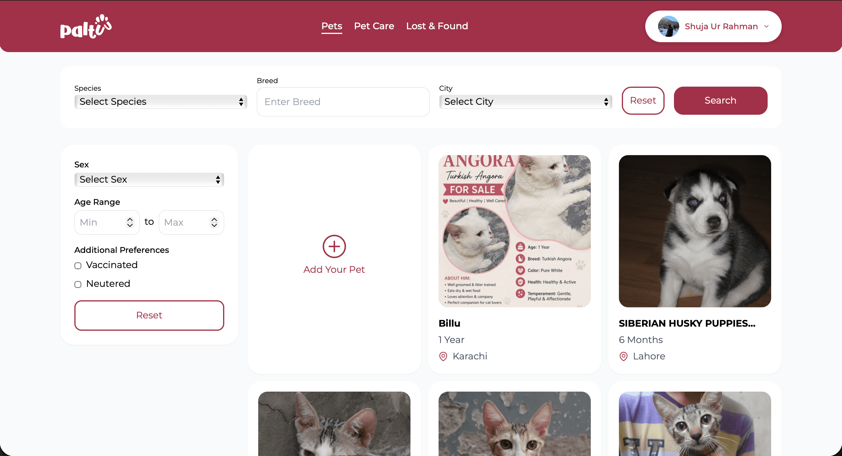 Paltuu adoption listings with the species, breed, city, sex and age filter rail