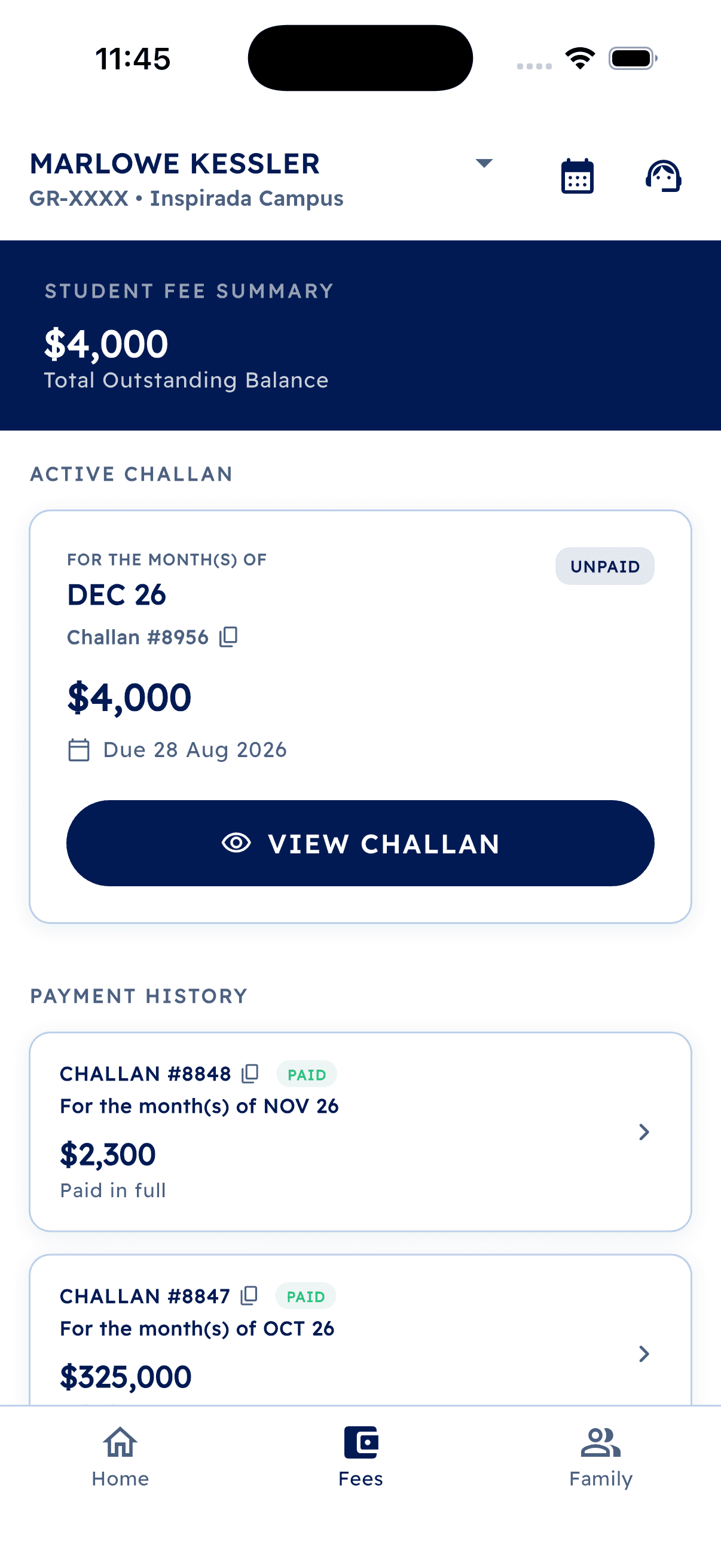 Parent app: outstanding balance and upcoming payments