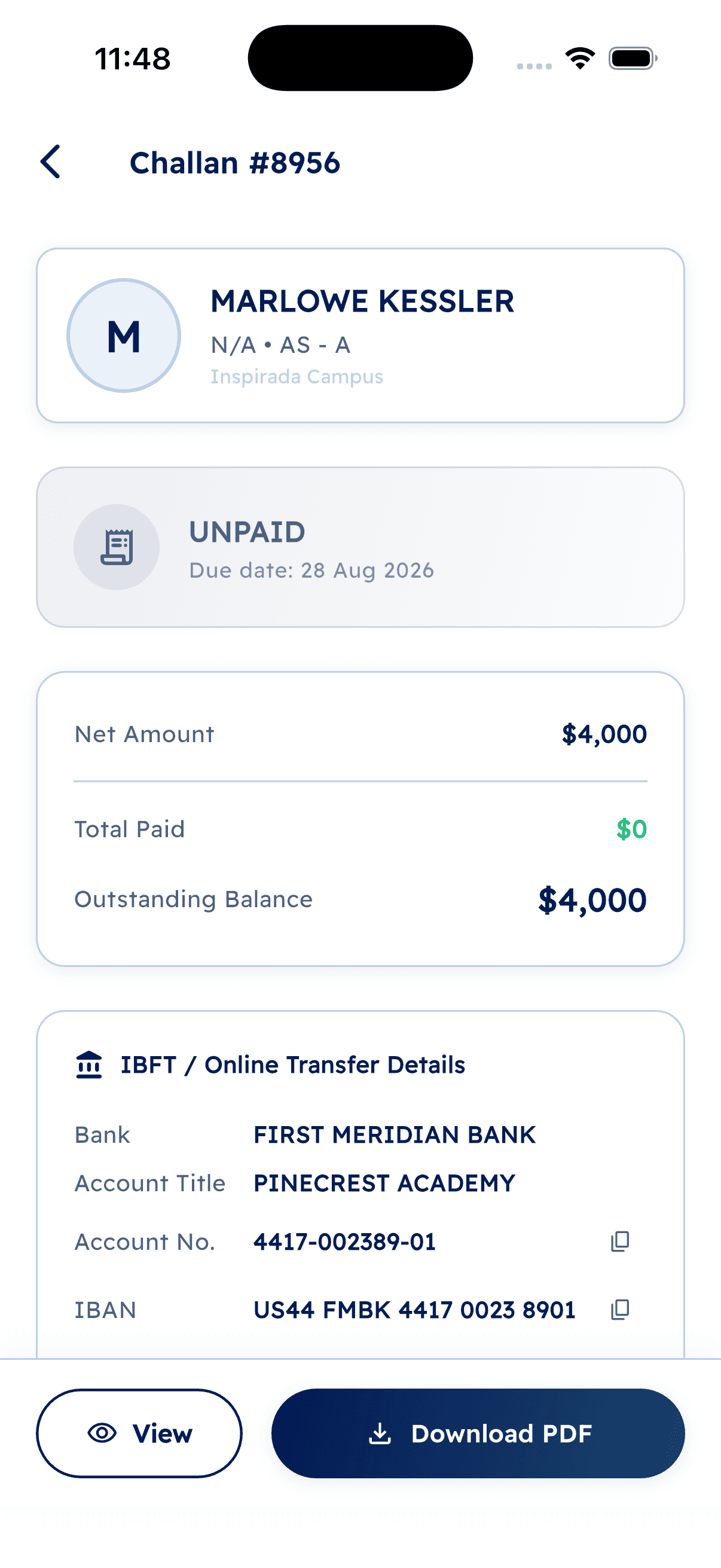 Parent app: viewing a fee voucher's line-item details