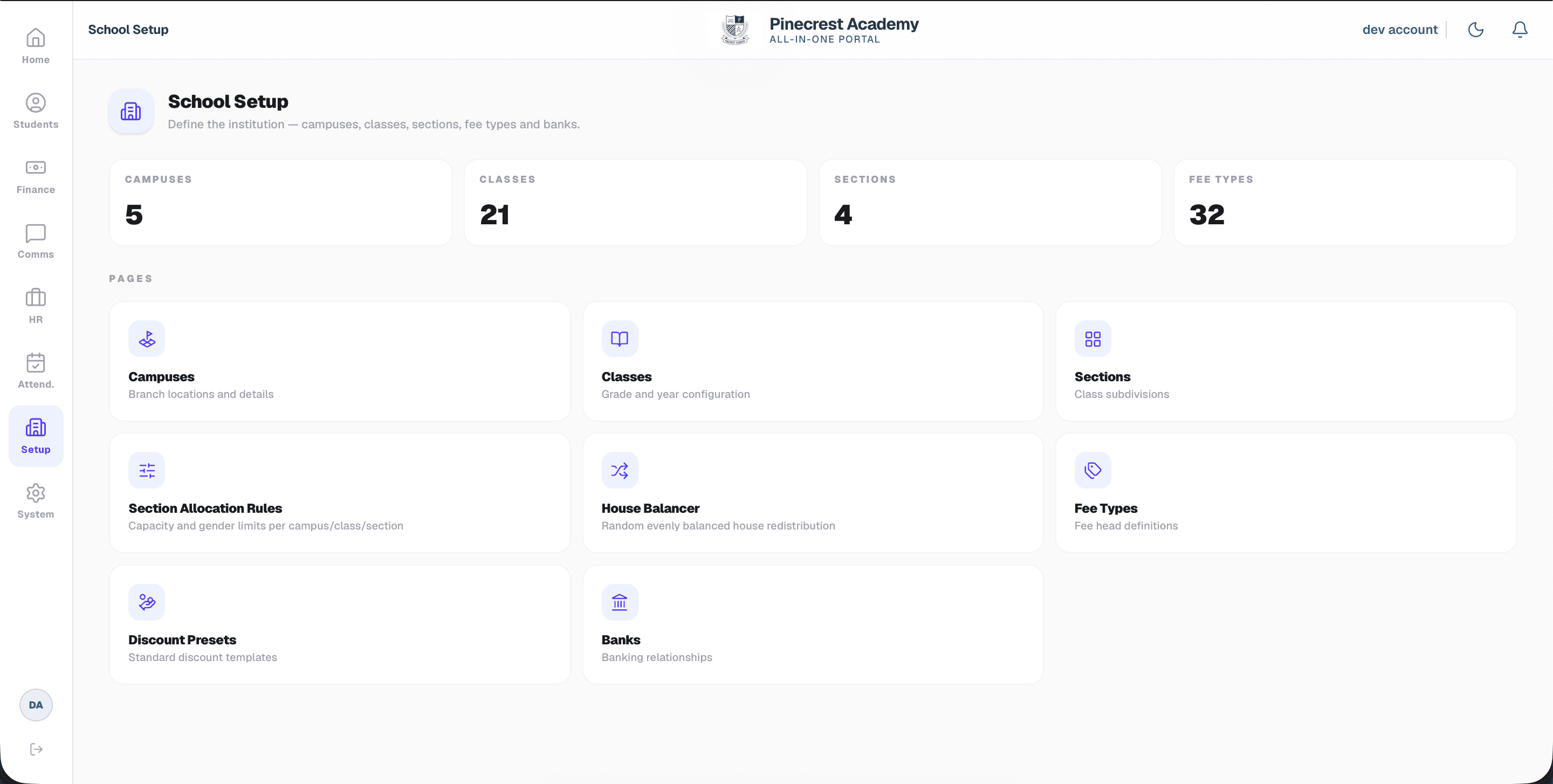 School Setup dashboard showing campuses, classes, sections and fee types