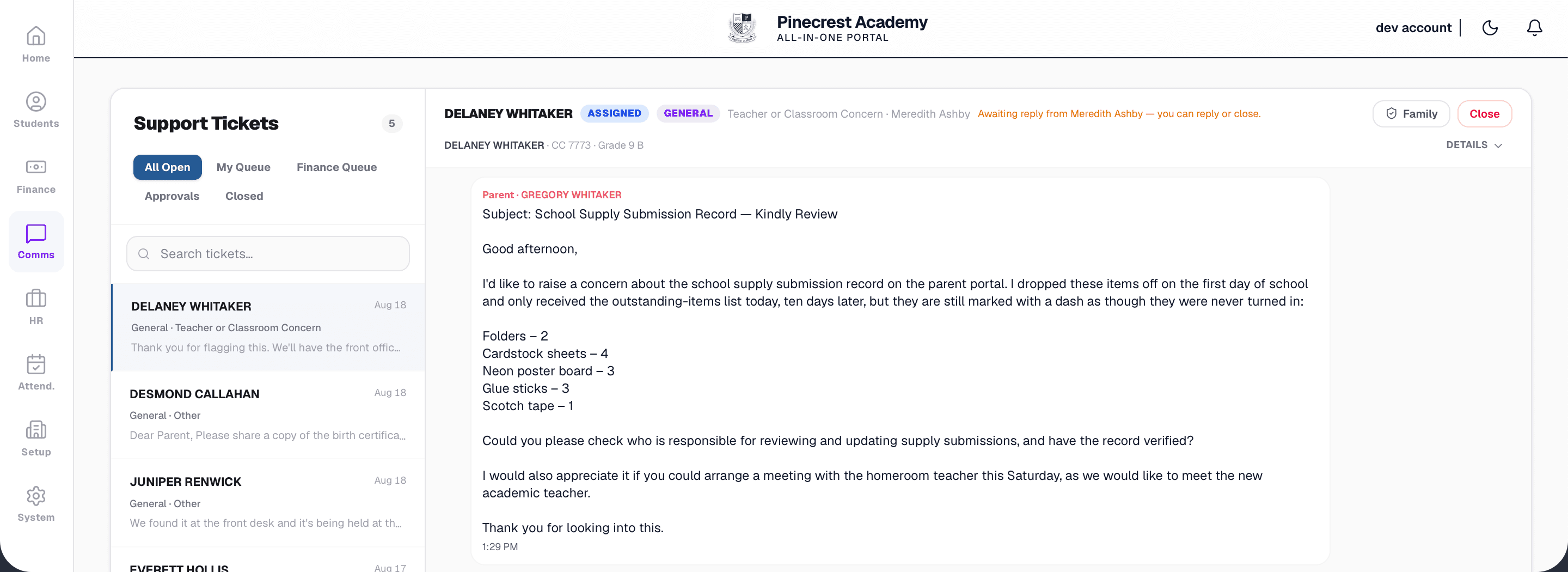 Parent-facing chat and staff-facing ticket queue for support