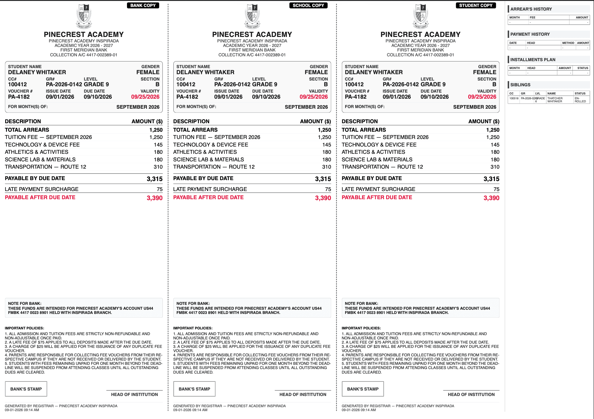 Designed fee voucher PDF with reconciliation reference numbers